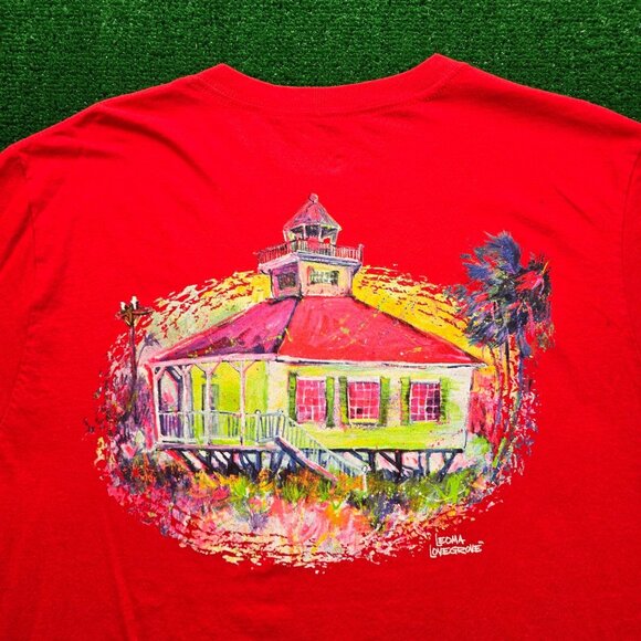 Leoma Lovegrove Tshirt Mens Large Red Short Sleeve House on Beach Tropical‎ Art - Picture 8 of 9